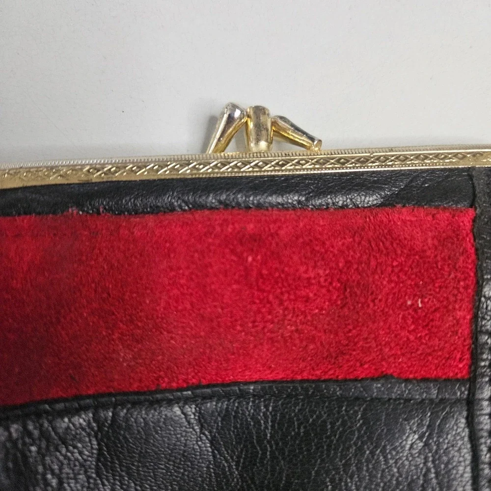 Vintage Patchwork Leather Suede Kiss Lock Clutch Bag Black Red Purple‎ Evening